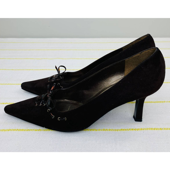 Stuart Weitzman Brown Suede Lace Up Point Toe Heels Women 9M Career Chic Luxe - Picture 5 of 11